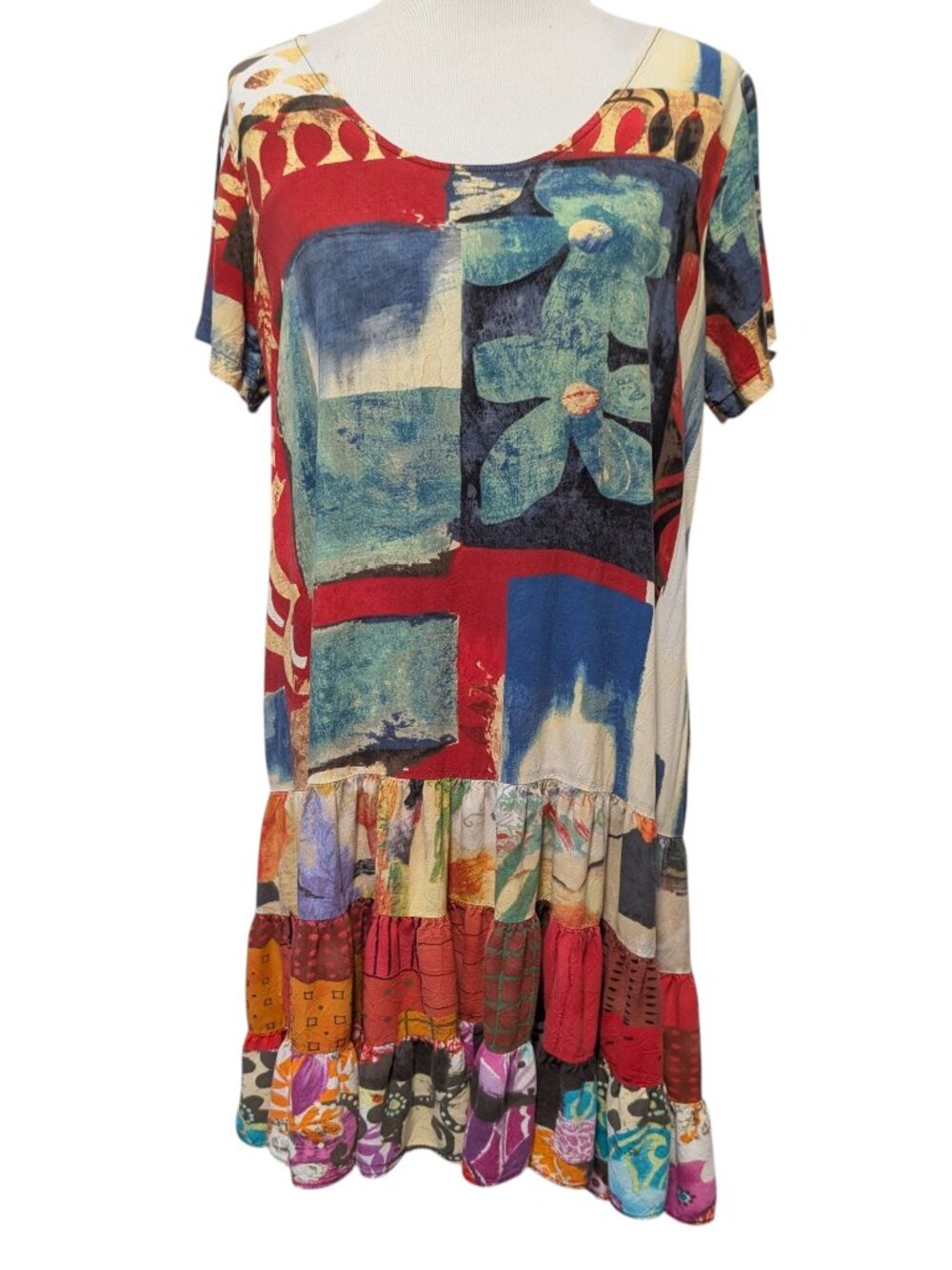 Jams World Womens Sz L Merlot Abstract Patchwork Floral Tiered Ruffle Dress Flaw